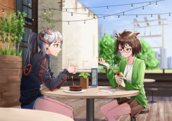 Rule 34 | 2girls, absurdres, ahoge, arknights, bare legs, bingdongluofeiyu, black jacket, blush, brown eyes, brown hair, brown skirt, building, cake, cardigan, casual, closed mouth, commentary, dating, denim, denim shorts, dragon horns, earrings, elbows on table, embarrassed, feather hair, feather necklace, food, from side, glasses, green cardigan, hand up, own hands clasped, highres, holding, holding spoon, horns, ice cream, jacket, jewelry, long hair, long sleeves, looking at another, menu, multiple girls, orange eyes, outdoors, own hands together, plant, plate, pleated skirt, ponytail, potted plant, profile, saria (arknights), semi-rimless eyewear, shirt, short hair, shorts, silence (arknights), silver hair, sitting, skirt, smile, spoon, stool, string of light bulbs, sundae, table, tree, under-rim eyewear, v-shaped eyebrows, white shirt, wooden floor