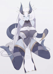 Rule 34 | 1girl, aqua eyes, bare shoulders, boots, breasts, colored skin, gloves, gold trim, highres, horns, knee boots, large breasts, long hair, looking at viewer, original, pelvic curtain, pointy ears, sitting, smile, solo, tail, thighhighs, twintails, ub1mo, wariza, white gloves, white hair, white skin
