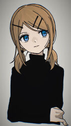Rule 34 | 1girl, alternate hairstyle, black sweater, blonde hair, blue eyes, closed mouth, expressionless, grey background, hair ornament, hairclip, hand on own arm, highres, kagamine rin, keylow, looking to the side, low twintails, serious, short twintails, solo, sweater, turtleneck, turtleneck sweater, twintails, vocaloid