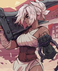 Rule 34 | 1girl, absurdres, bare shoulders, breasts, broken, broken weapon, brown gloves, chain, closed mouth, collarbone, corset, cowboy shot, dark-skinned female, dark skin, doobermcgoober, fingerless gloves, from side, gloves, grey hair, highres, holding, holding chain, holding weapon, large breasts, league of legends, medium hair, outdoors, red eyes, riven (league of legends), shiny skin, sketch background, solo, unfinished, weapon