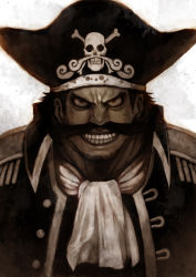 Rule 34 | 1boy, ascot, epaulettes, facial hair, gol d. roger, grin, hat, jacket, jolly roger, lack, looking at viewer, male focus, manly, mustache, ohtsuka chikao, one piece, pirate, pirate hat, smile, solo, tricorne