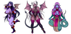 Rule 34 | 3girls, aqua eyes, armlet, bare shoulders, bat wings, blue skin, blush, boots, breasts, bridal gauntlets, capelet, claws, cleavage, cleavage cutout, clothing cutout, colored skin, covered erect nipples, covered navel, curvy, demon girl, demon tail, demon wings, fang, gloves, hair ornament, hairclip, hand on own hip, high heel boots, high heels, horns, huge breasts, lamia, large areolae, long hair, masa ani, monster girl, multiple girls, navel, navel cutout, original, pink skin, pointy ears, purple eyes, purple hair, purple skin, red eyes, see-through, shiny skin, sidelocks, simple background, solid eyes, tail, thighhighs, tiara, vampire, very long hair, white background, white hair, wings