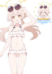 Rule 34 | 1girl, absurdres, blue archive, brown eyes, brown hair, chibi, chibi inset, eyewear on head, hagoonha, halo, hifumi (blue archive), hifumi (swimsuit) (blue archive), highres, innertube, low twintails, round eyewear, simple background, sunglasses, swim ring, swimsuit, twintails, white background
