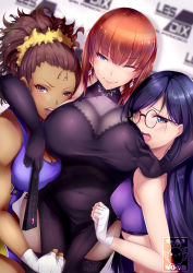 Rule 34 | 3girls, artist logo, artist name, bad id, bad pixiv id, bare shoulders, black dress, black gloves, black legwear, blue eyes, blue hair, blurry, blush, breasts, brown eyes, brown hair, closed mouth, collarbone, commentary, commission, covered navel, dark-skinned female, dark skin, depth of field, dress, earrings, elbow gloves, english commentary, engrish commentary, gainoob, girl sandwich, glasses, gloves, hair ornament, jewelry, large breasts, leotard, long hair, multiple girls, one eye closed, open mouth, original, purple eyes, red hair, sandwiched, scrunchie, short hair, smile, sports bra, teeth, upper teeth only, v-shaped eyebrows