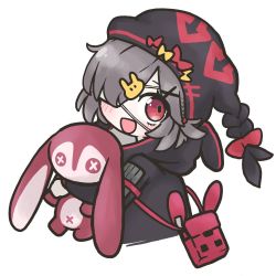 Rule 34 | 1girl, :d, arknights, bag, black hat, black jacket, bow, commentary request, eyepatch, grey hair, hair ornament, hair over one eye, hat, hood, hood down, hooded jacket, hugging object, jacket, looking at viewer, medical eyepatch, open mouth, popukar (arknights), rabbit hair ornament, red bow, red eyes, rihi ewokakune, shoulder bag, simple background, smile, solo, stuffed animal, stuffed rabbit, stuffed toy, white background, x hair ornament, yellow bow