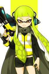 Rule 34 | 1girl, bike shorts, black cape, black shirt, black shorts, blunt bangs, brown eyes, cape, closed mouth, commentary request, green hair, headgear, hero shot (splatoon), holding, holding weapon, inkling, inkling girl, inkling player character, jacket, long hair, long sleeves, looking at viewer, midriff, nintendo, pillarboxed, shirt, short shorts, shorts, single vertical stripe, smile, solo, splatoon (series), splatoon 1, squidbeak splatoon, standing, tentacle hair, weapon, yellow background, yellow jacket, yeneny
