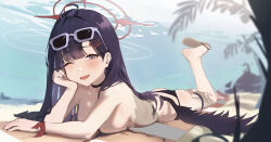 Rule 34 | 1girl, absurdres, bad anatomy, bare arms, bare legs, bare shoulders, bikini, black bikini, black choker, black eyes, black hair, blue archive, blush, breasts, choker, eyewear on head, gubbi on, halo, highres, ichika (blue archive), korean commentary, large breasts, long hair, looking at viewer, lying, on stomach, one eye closed, open mouth, red halo, sandals, smile, solo, sunglasses, swimsuit