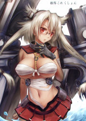 Rule 34 | 10s, 1girl, breasts, copyright name, dark-skinned female, dark skin, glasses, gloves, grey hair, head tilt, kantai collection, large breasts, midriff, miniskirt, musashi (kancolle), pointy hair, red eyes, short hair, skirt, solo, two side up, wading, xiaoyin li