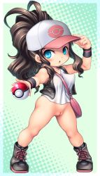 Rule 34 | 10s, 1girl, :3, :d, antenna hair, bag, bare legs, baseball cap, blue eyes, blush, boots, breasts, brown hair, chibi, covered erect nipples, creatures (company), female focus, full body, game freak, hair ornament, hat, highres, hilda (pokemon), legs, long hair, looking at viewer, nintendo, open mouth, poke ball, poke ball hat, poke ball print, pokemon, pokemon bw, ponytail, pussy, smile, solo, standing, uncensored, very long hair