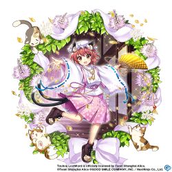 Rule 34 | 1girl, alternate costume, animal ear fluff, animal ears, black footwear, brown eyes, brown hair, cat, cat ears, cat girl, cat tail, chen, chen (stretching white cat), copyright name, copyright notice, floral print, flower request, folding fan, full body, game cg, hand fan, holding, holding fan, leaf, leg up, long sleeves, looking at viewer, multiple tails, nekomata, pink skirt, ribbon-trimmed sleeves, ribbon trim, rotte (1109), short hair, skirt, tail, third-party source, touhou, touhou lostword, two tails, wide sleeves