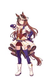 Rule 34 | 1girl, animal ears, brown hair, hand on own chest, highres, horse ears, horse girl, horse tail, jacket, long hair, long sleeves, looking at viewer, midriff, multicolored hair, official art, purple eyes, purple thighhighs, red shorts, shorts, simple background, solo, starting future (umamusume), streaked hair, symboli rudolf (umamusume), tail, thigh strap, thighhighs, transparent background, umamusume, white hair, white jacket
