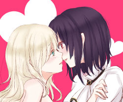 Rule 34 | 10s, 2girls, aqua eyes, atago (kancolle), black hair, blonde hair, blush, couple, from side, heart, imminent kiss, kantai collection, multiple girls, parted lips, profile, red eyes, short hair, simple background, sui (camellia), takao (kancolle), yuri