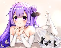 Rule 34 | 1girl, ahoge, azur lane, bad id, bad pixiv id, bare shoulders, bed sheet, black bow, black ribbon, blush, bow, closed mouth, collarbone, commentary request, criss-cross halter, detached sleeves, dress, full body, hair between eyes, hair bun, hair ribbon, halterneck, katsushika pachi, legs up, long hair, long sleeves, lying, no shoes, on stomach, one side up, purple eyes, purple hair, ribbon, see-through, side bun, single hair bun, single side bun, smile, soles, solo, thighhighs, unicorn (azur lane), white dress, white sleeves, white thighhighs