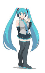 Rule 34 | 1girl, aqua eyes, aqua hair, arm behind back, bare shoulders, blush, boots, breasts, check commentary, commentary request, crossed legs, dated, detached sleeves, grey shirt, happy, hatsune miku, headphones, headset, highres, large breasts, legs, long hair, mage (harumagedon), miku day, necktie, shirt, signature, simple background, skindentation, skirt, solo, standing, thick thighs, thigh boots, thighhighs, thighs, twintails, v, vocaloid, zettai ryouiki