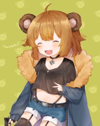Rule 34 | 1girl, aged down, animal ears, bad id, bad pixiv id, bear ears, black thighhighs, blush, brown hair, character name, choker, closed eyes, collarbone, facing away, fang, garter straps, girls&#039; frontline, grizzly mkv (girls&#039; frontline), grizzly mkv (teddy transform!) (girls&#039; frontline), gun, highres, holding, holding gun, holding weapon, l.a.r. manufacturing, lar grizzly win mag, navel, official alternate costume, open mouth, smile, solo, thighhighs, useq1067, weapon