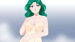 Rule 34 | 1girl, animated, animated gif, bare shoulders, bishoujo senshi sailor moon, blue background, blue eyes, bouncing breasts, breasts, breasts apart, closed mouth, collarbone, earrings, eyebrows, eyelashes, female focus, gradient background, green hair, head tilt, highres, jewelry, kaiou michiru, large breasts, long hair, looking at viewer, nipples, sailor neptune, simple background, smile, solo, standing, stud earrings, towel, upper body, white background