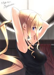 Rule 34 | 1girl, armpits, black tank top, blonde hair, blue eyes, commission, from side, hair behind ear, hair tie in mouth, highres, ilfriede von feulner, looking at viewer, makishima azusa, mouth hold, muv-luv, muv-luv alternative, ponytail, signature, skeb commission, solo, tank top, the euro front, towel, tying hair, upper body, window