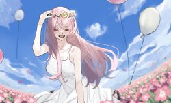 Rule 34 | 1girl, balloon, blue sky, blush, cloud, commentary, dress, closed eyes, field, fisheye, flower, flower field, flower wreath, hand up, highres, just be friends (vocaloid), long hair, megurine luka, open mouth, outdoors, petals, pink flower, pink hair, sitting, sky, smile, solo, soyaka, spaghetti strap, sundress, vocaloid, white dress, wreath