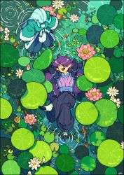 Rule 34 | 2boys, absurdres, abyff14, arms up, black pants, blue hair, blue horns, closed eyes, fengxi (the legend of luoxiaohei), fish, flower, from above, highres, horns, leaf, crossed legs, lily (flower), lily pad, multiple boys, open mouth, pants, partially submerged, pink flower, pointy ears, purple hair, ripples, signature, smile, luo xiaohei zhanji, white flower, wide shot, xuhuai (the legend of luoxiaohei)