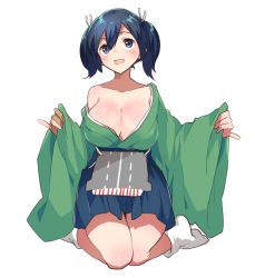 Rule 34 | 10s, 1girl, blue eyes, blue hair, blush, breasts, cleavage, ichihaya, japanese clothes, kantai collection, large breasts, matching hair/eyes, off shoulder, open mouth, personification, ribbon, short hair, sitting, smile, solo, souryuu (kancolle), twintails, wariza