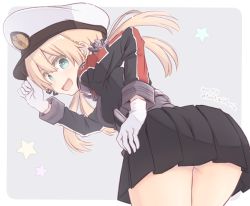 Rule 34 | 1girl, anchor hair ornament, aqua eyes, ass, black skirt, blonde hair, commentary request, cowboy shot, cross, dated, from behind, fujisaki yuu, gloves, grey background, hair ornament, hat, iron cross, kantai collection, long hair, looking at viewer, looking back, low twintails, microskirt, military, military hat, military uniform, one-hour drawing challenge, peaked cap, pleated skirt, prinz eugen (kancolle), skirt, solo, star (symbol), starry background, twintails, twitter username, uniform, white gloves, white hat