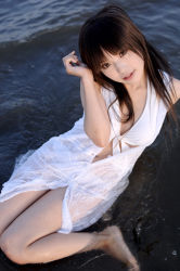 Rule 34 | 1girl, asian, barefoot, beach, bikini, brown eyes, brown hair, dress, feet, front-tie bikini top, front-tie top, kipi-san, long hair, looking at viewer, open clothes, open dress, outdoors, partially submerged, photo (medium), see-through, sitting, solo, swimsuit, toes, wariza, water, wet, wet clothes, white bikini