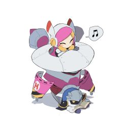 Rule 34 | 1boy, 1girl, armor, book, business suit (kirby), cape, closed eyes, gloves, highres, holding, holding book, kirby: planet robobot, kirby (series), mask, meta knight, musical note, nintendo, nt 26, pauldrons, pink hair, rayman limbs, shoulder armor, spoken musical note, susie (kirby), white gloves, yellow gloves