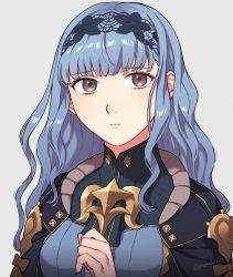 Rule 34 | 1girl, black cape, black hairband, blue dress, blue hair, blunt bangs, brown eyes, cape, closed mouth, commentary, dress, fire emblem, fire emblem: three houses, fire emblem warriors, fire emblem warriors: three hopes, grey background, hairband, highres, lace hairband, long hair, looking at viewer, marianne von edmund, nintendo, peach11 01, simple background, solo, twitter username, upper body, wavy hair