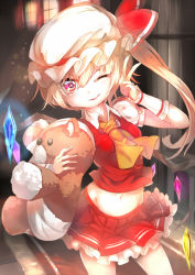 +_+ 1girl ascot bandages bow contrapposto cowboy_shot fang female_focus flandre_scarlet hat hat_bow long_hair looking_at_viewer midriff mob_cap navel one_eye_closed puffy_short_sleeves puffy_sleeves red_eyes revision shirt short_sleeves side_ponytail skirt skirt_set smile solo standing stuffed_animal stuffed_toy symbol-shaped_pupils teddy_bear touhou umagenzin v vest wings wrist_cuffs