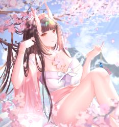 Rule 34 | 1girl, bare shoulders, barefoot, blue sky, blunt bangs, bow, breasts, brown hair, cherry blossoms, collarbone, highres, horns, japanese clothes, kimono, long hair, looking at viewer, obi, oni horns, original, petals, red eyes, sash, shiiyou, sitting, sky, solo, sunlight, white bow