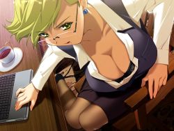 Rule 34 | 1girl, blonde hair, breasts, cleavage, computer, from above, game cg, glasses, huge breasts, ino (magloid), izayoi no hanayome, keyboard (computer), laptop, large breasts, miniskirt, pencil skirt, saegusa mikoto, short hair, skirt, solo, tea, yellow eyes