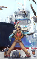 Rule 34 | &gt; &lt;, 10s, 1girl, alternate costume, bird, blonde hair, closed eyes, hands in pockets, heart, highres, jacket, kantai collection, long hair, looking at viewer, open clothes, open jacket, pandarou, rensouhou-chan, revision, seagull, shimakaze (kancolle), ship, shipyard, smile, watercraft