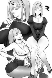 Rule 34 | 1girl, ^ ^, ^o^, bad id, bad pixiv id, belt, breasts, cleavage, closed eyes, covered erect nipples, dress, eyelashes, closed eyes, greyscale, grin, hand on own hip, highres, horns, looking at viewer, monochrome, multiple views, original, pantyhose, simple background, single horn, skirt, smile, thick thighs, thighs, white background, zkstxxx