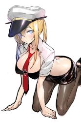 Rule 34 | 1girl, absurdres, all fours, aqua eyes, battle koala, between breasts, black pantyhose, black skirt, blonde hair, breasts, cleavage, closed mouth, collared shirt, cross, graf zeppelin (kancolle), hat, highres, iron cross, kantai collection, large breasts, long hair, looking at viewer, necktie, necktie between breasts, pantyhose, peaked cap, pencil skirt, red necktie, shirt, short sleeves, simple background, sketch, skirt, solo, twintails, white background