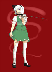 Rule 34 | 1girl, bad id, bad pixiv id, bandages, chagen kokimu, female focus, hairband, hitodama, katana, konpaku youmu, konpaku youmu (ghost), mouth hold, one eye closed, red background, red eyes, short hair, silver hair, simple background, solo, standing, sword, thighhighs, torn clothes, torn thighhighs, touhou, weapon