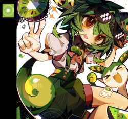Rule 34 | 1girl, absurdres, bandaid, bandaid on leg, creature, creature and personification, eyewear on head, fingernails, food, from side, fruit, green hair, green shorts, hashtag-only commentary, highres, kiwi (fruit), looking at viewer, looking to the side, murkmia, open mouth, orange eyes, puffy short sleeves, puffy sleeves, shirt, short sleeves, shorts, smile, solo, sparkle, sunglasses, suspender shorts, suspenders, v, voiceroid, voicevox, white background, white shirt, zundamon
