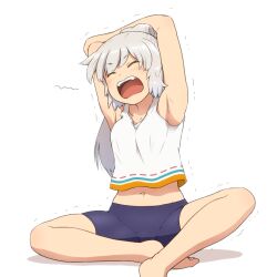 Rule 34 | 1girl, alternate costume, armpits, arms up, bare shoulders, barefoot, blush, breasts, closed eyes, collarbone, commentary request, fang, fangs, grey hair, hair between eyes, hands up, long hair, medium breasts, mononobe no futo, navel, no headwear, open mouth, ponytail, purple shorts, shadow, shirosato, shirt, shorts, simple background, sitting, sleeveless, sleeveless shirt, solo, t-shirt, teeth, tongue, touhou, v-shaped eyebrows, white background, white shirt