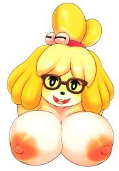 Rule 34 | 1girl, animal crossing, animal ears, bell, black eyes, blush stickers, breasts, brown-framed eyewear, buck teeth, collarbone, dog ears, dog girl, female focus, furry, furry female, glasses, hair bell, hair ornament, hair tie, happy, highres, isabelle (animal crossing), jingle bell, large breasts, mato spectoru, nintendo, nipples, nude, open mouth, short hair, simple background, smile, solo, teeth, third-party edit, topknot, upper body, white background