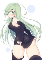Rule 34 | 10s, 1girl, adjusting clothes, ass, bad id, bad pixiv id, bare shoulders, black gloves, black thighhighs, blue eyes, blush, bodysuit, breasts, chm (macharge), covered erect nipples, earrings, elbow gloves, elizabeth liones, eyelashes, fingerless gloves, from behind, gloves, grey hair, hair over one eye, halterneck, hip focus, jewelry, leotard, long hair, looking at viewer, looking back, nanatsu no taizai, parted lips, sideboob, simple background, solo, thighhighs, thighs, turtleneck, very long hair, white background, wide hips