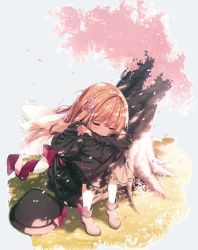 Rule 34 | 1girl, black dress, black footwear, black hat, blonde hair, bow, cherry blossoms, closed eyes, crossed arms, dress, fairy wings, flower, footwear bow, frilled dress, frills, hair flower, hair ornament, hat, hat bow, highres, legs folded, lily black, lily white, long hair, official art, open mouth, pink bow, pink sash, sash, shnva, sleeping, sleeping upright, solo, strange creators of outer world, third-party source, touhou, tree, wings