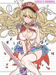Rule 34 | ..., 1girl, anger vein, blonde hair, blue skirt, blush, breasts, brooch, brown eyes, character name, cleavage, feathers, granblue fantasy, grid background, hat, highres, jewelry, large breasts, ll 0109, long hair, looking at viewer, monika weisswind, navel, peaked cap, red hat, shirt, skirt, sleeveless, sleeveless shirt, smile, solo, sword, thighhighs, torn clothes, twintails, wavy hair, weapon, white thighhighs