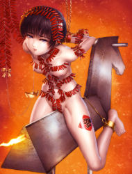 Rule 34 | 1girl, arms behind back, bdsm, black hair, bondage, bound, breasts, chain, chinese new year, cuffs, female focus, fire, firecrackers, guro, highres, looking at viewer, nipples, nude, original, pain, peril, pussy juice, ribbon, s zenith lee, shibari, short hair, solo, torture, wooden horse