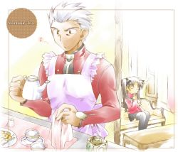 Rule 34 | 00s, 1boy, 1girl, apron, archer (fate), blush stickers, brown hair, cookie, couch, cup, dark skin, dark-skinned male, fate/stay night, fate (series), food, indoors, musical note, napkin, quaver, short hair, silver hair, sitting, sleepy, spoken musical note, table, teacup, teapot, thighhighs, tohsaka rin, twintails, yawning