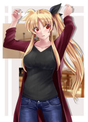 Rule 34 | 1girl, arms up, black bow, black shirt, blonde hair, blue pants, blurry, blurry background, blush, bow, breasts, coat, collarbone, cowboy shot, fate testarossa, floating hair, hair between eyes, hair bow, large breasts, long hair, looking to the side, lyrical nanoha, mahou shoujo lyrical nanoha strikers, open clothes, open coat, open mouth, pants, red coat, red eyes, shirt, side ponytail, solo, sougetsu izuki, standing, very long hair