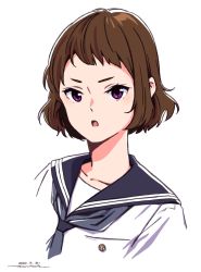 Rule 34 | 1girl, blue neckerchief, blue sailor collar, brown hair, copyright request, dated, horikou, hyouka, ibara mayaka, looking at viewer, neckerchief, open mouth, purple eyes, sailor collar, shirt, short hair, signature, simple background, solo, upper body, white background, white shirt