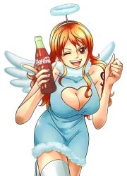 Rule 34 | 1girl, bare shoulders, breasts, brown eyes, cleavage, cleavage cut, cleavage cutout, clothing cutout, coca cola, highres, large breasts, long hair, looking at viewer, nami (one piece), one eye closed, one piece, open mouth, orange hair, smile, solo