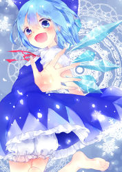 Rule 34 | 1girl, :d, blue eyes, blue hair, bow, bowtie, cirno, fang, hair bow, hair ribbon, highres, ice, ice wings, looking at viewer, matching hair/eyes, mokyuko, open mouth, reaching, ribbon, short hair, smile, solo, touhou, wings