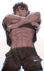 Rule 34 | 1boy, bara, black shirt, brown eyes, brown hair, chinese clothes, commentary request, cowboy shot, cross, cross necklace, expressionless, fate/stay night, fate (series), gradient background, highres, jarjarrua, jewelry, kotomine kirei, looking at viewer, male focus, muscular, muscular male, necklace, parted bangs, priest, shirt, short sleeves, solo, sweat