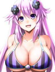 Rule 34 | 1girl, :d, adult neptune, arms behind back, bare shoulders, bikini, blush, breasts, cleavage, collarbone, d-pad, d-pad hair ornament, doria (p f dolia), gem, hair ornament, highres, large breasts, looking at viewer, neptune (series), open mouth, purple bikini, purple eyes, purple hair, shin jigen game neptune vii, sidelocks, simple background, smile, solo, striped bikini, striped clothes, swimsuit, underboob, upper body, vertical-striped bikini, vertical-striped clothes, white background
