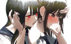 Rule 34 | 2girls, absurdres, arisugawa bii, black eyes, black hair, blunt bangs, blush, bright pupils, clothes pull, covering own mouth, eyelashes, fang, fingernails, tucking hair, hand on another&#039;s face, hand over own mouth, heart, heart-shaped pupils, highres, long hair, looking at another, multiple girls, neckerchief, nose blush, open mouth, original, pulling own clothes, red eyes, sailor collar, school uniform, serafuku, shirt pull, sidelocks, symbol-shaped pupils, vampire, white pupils, yuri